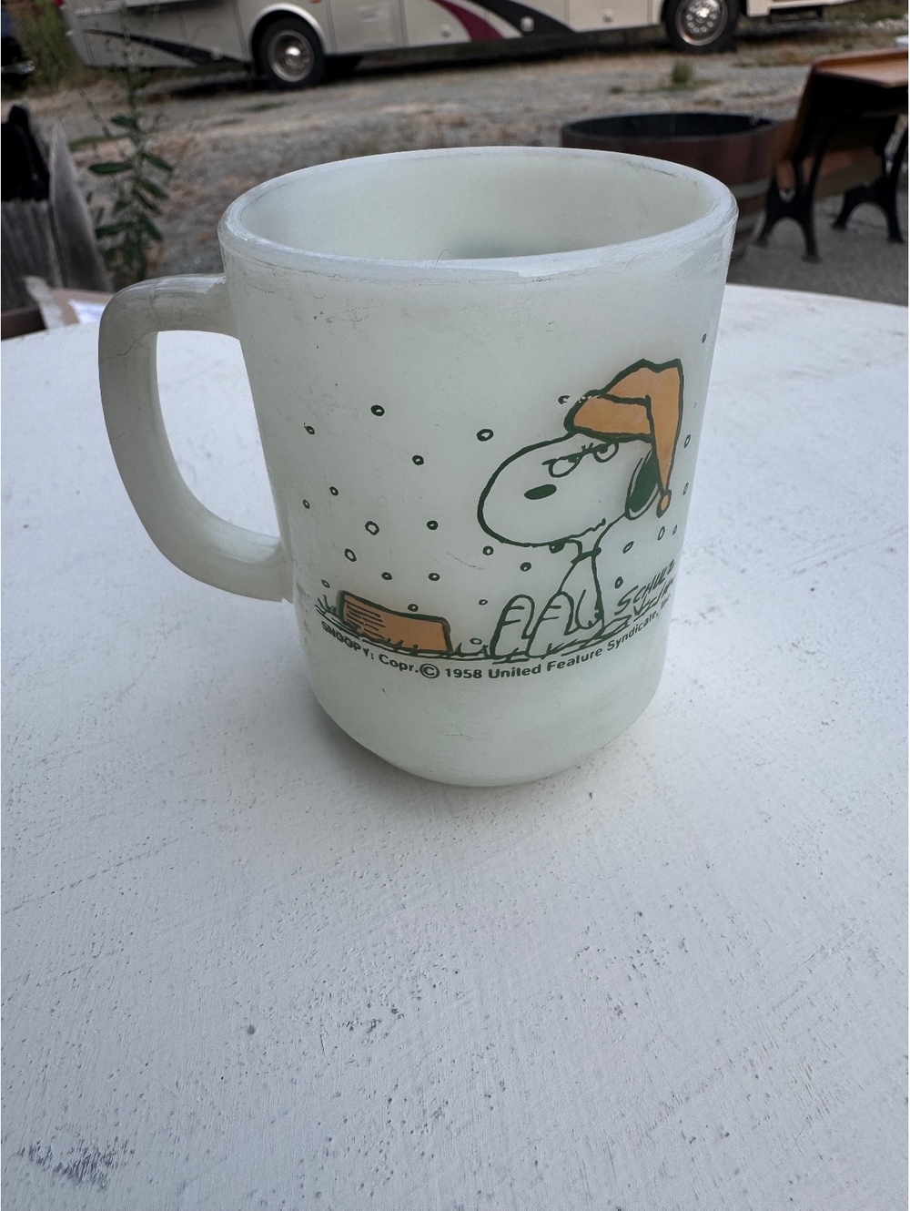 Vintage Fire-King Snoopy Peanuts Milk Glass Mug French Toast Quote 1958